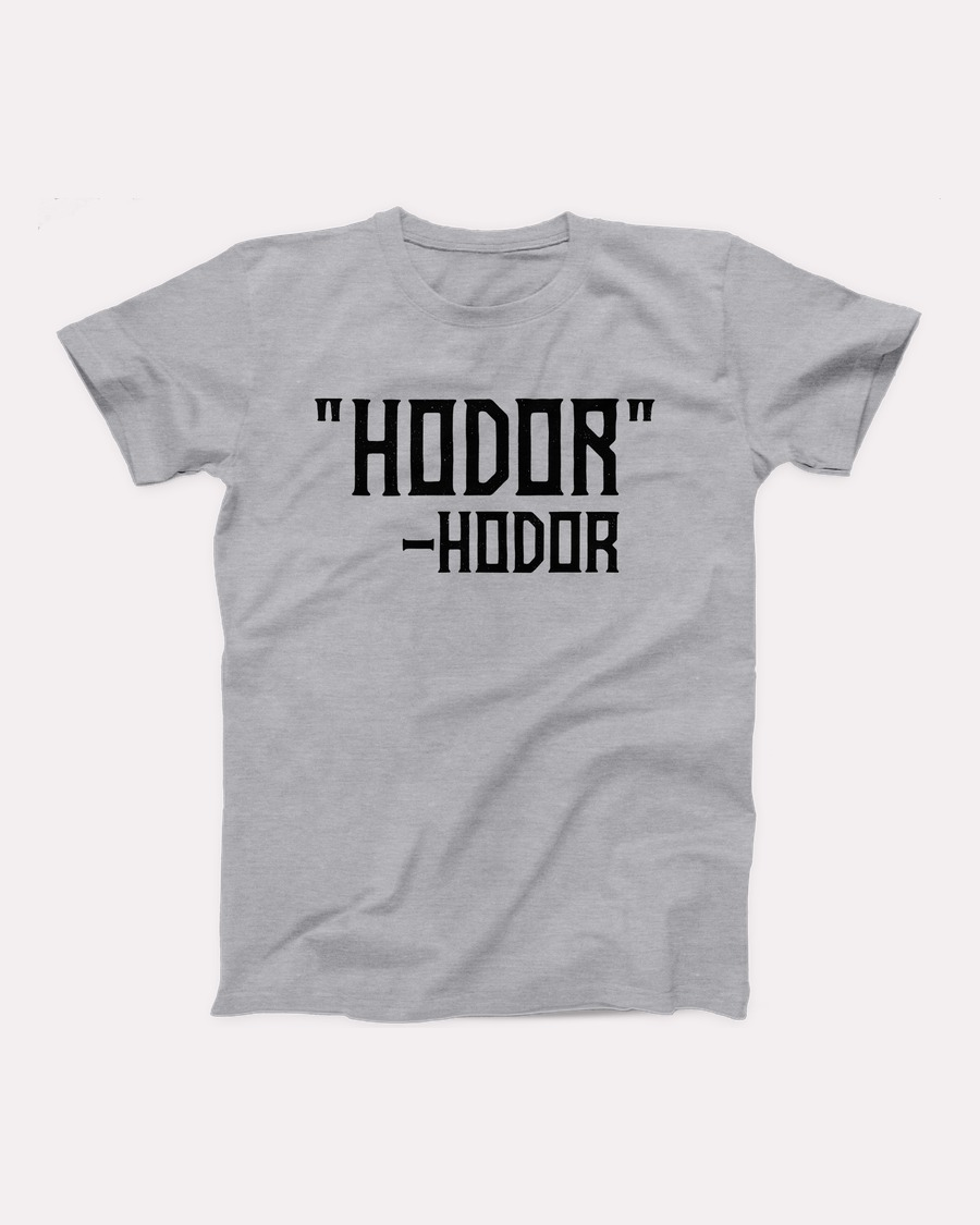 Hodor t-shirt in Athletic Heather, flat lay on grey