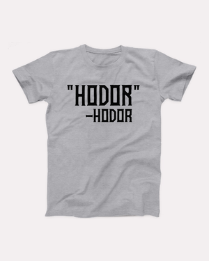 Hodor t-shirt in Athletic Heather, flat lay on grey