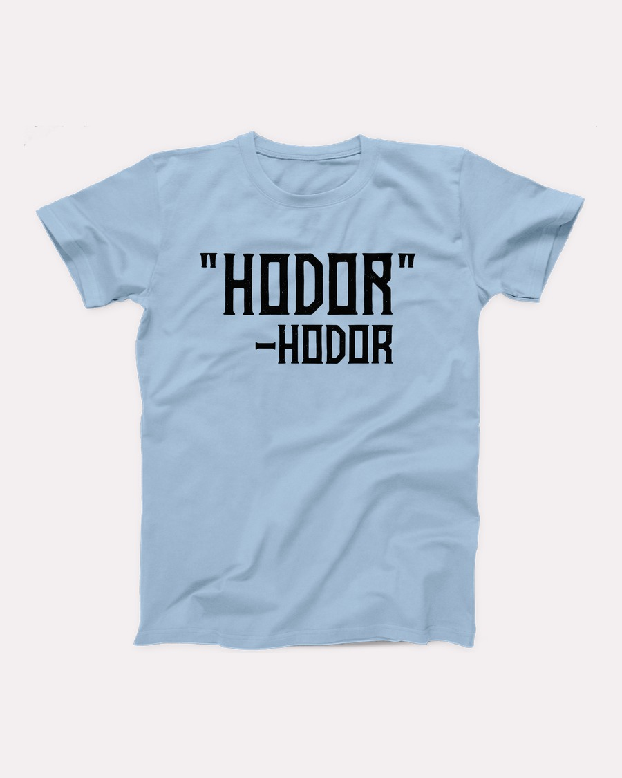 Hodor t-shirt in Baby Blue, flat lay on grey