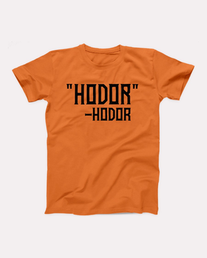 Hodor t-shirt in Orange, flat lay on grey
