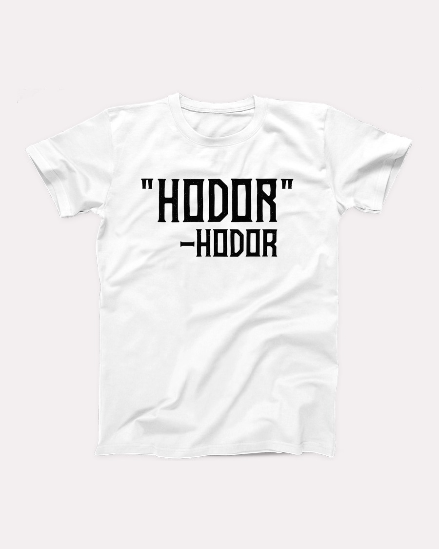 Hodor t-shirt in White, flat lay on grey