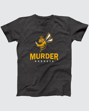 Murder Hornets t-shirt in Dark Grey Heather, flat lay on grey