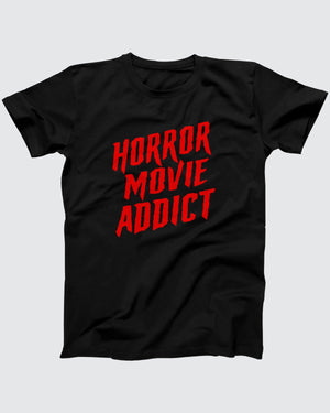Horror Movie Addict T-Shirt, flat lay on grey
