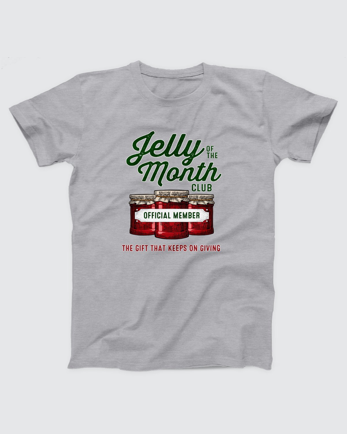 Jelly of the Month Club T-Shirt, flat lay on grey