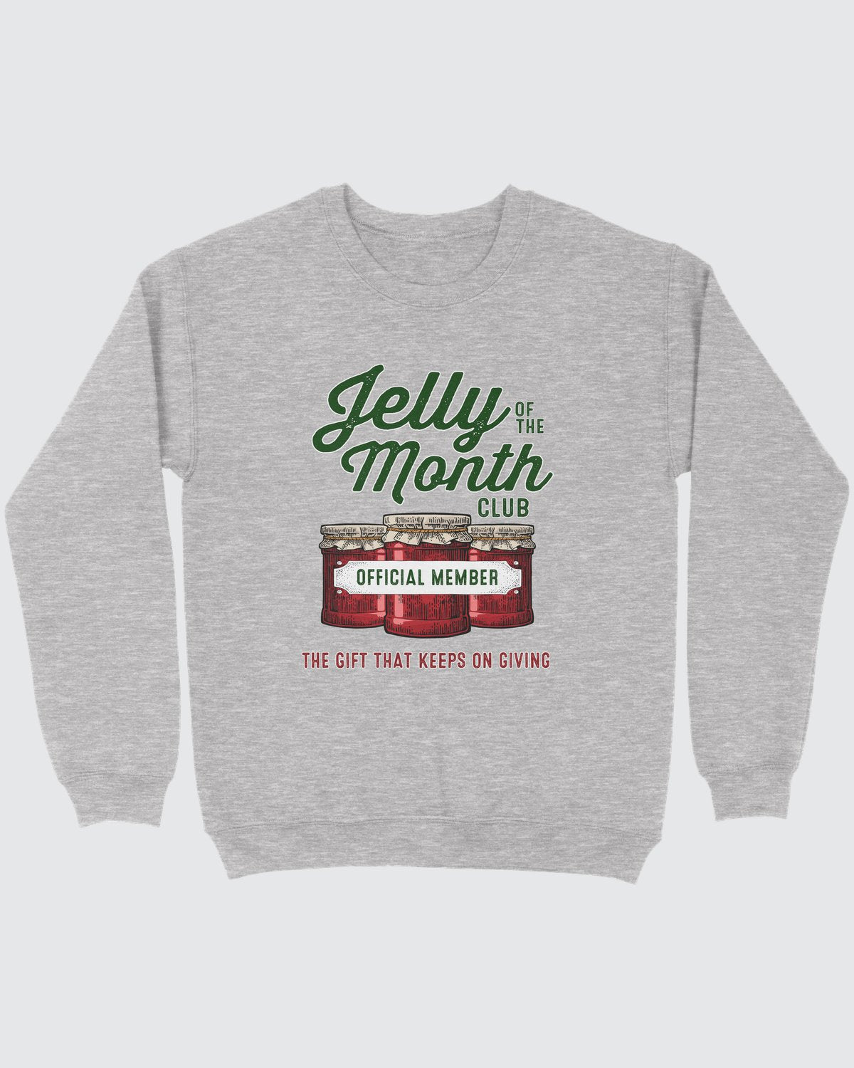 Jelly of the Month Club ugly sweater in Sport Grey, flat lay on grey