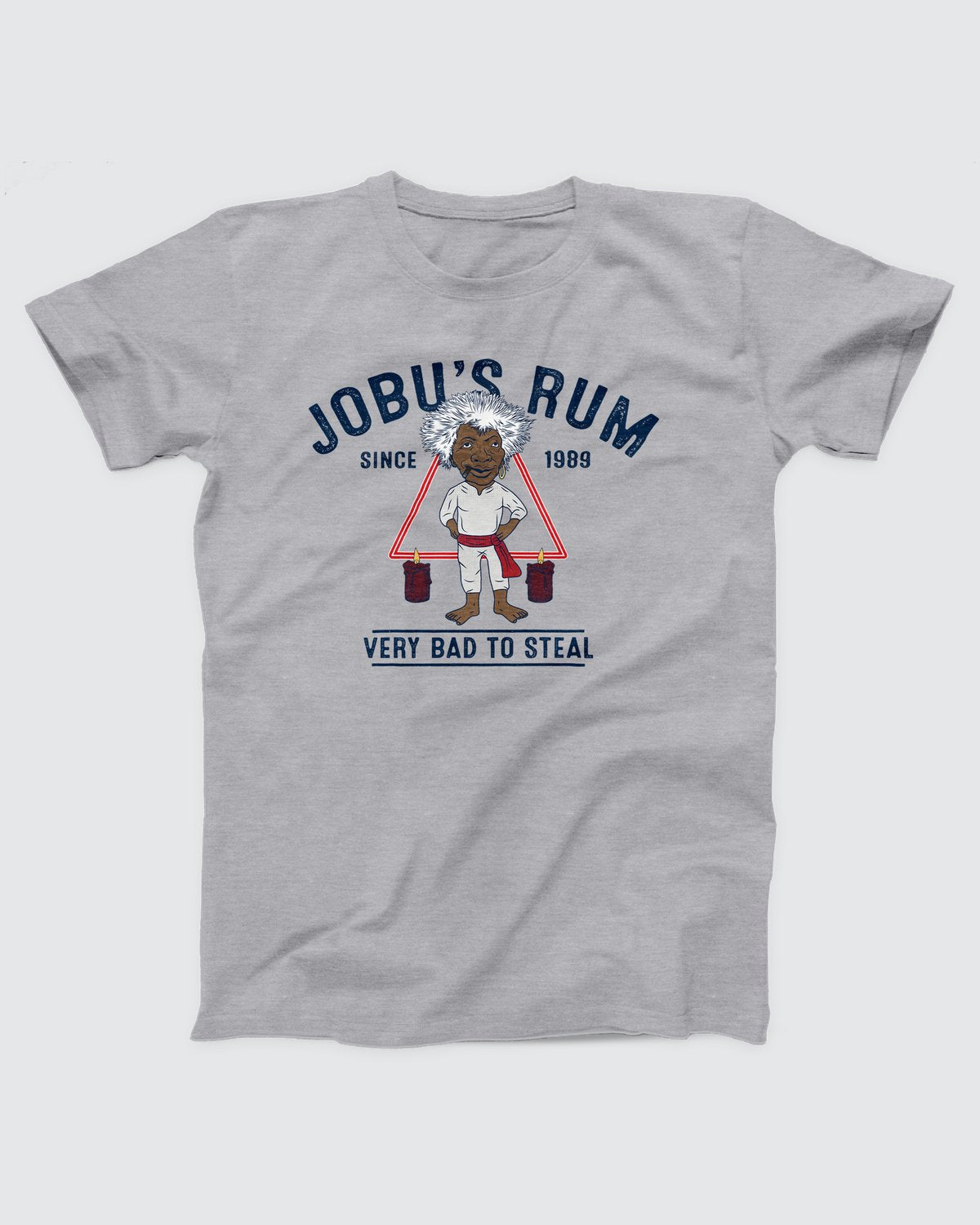 Jobu's Rum T-Shirt, flat lay on grey