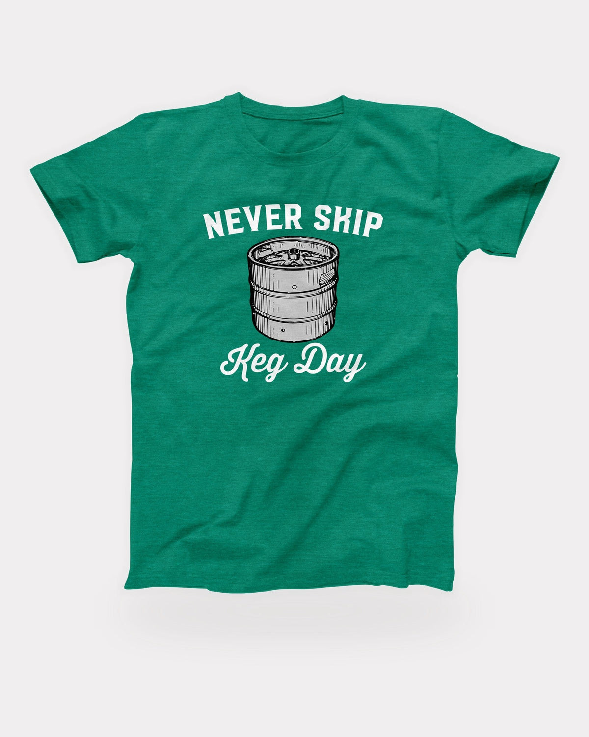 Never Skip Keg Day T-Shirt in Heather Kelly, flat lay on grey