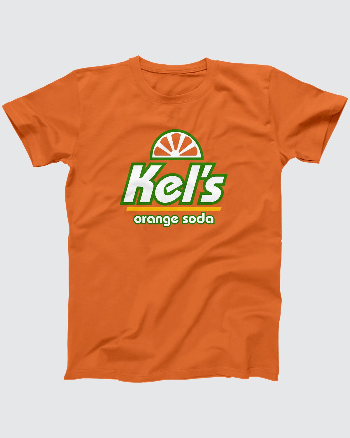 Kel's Orange Soda T-Shirt, flat lay on grey