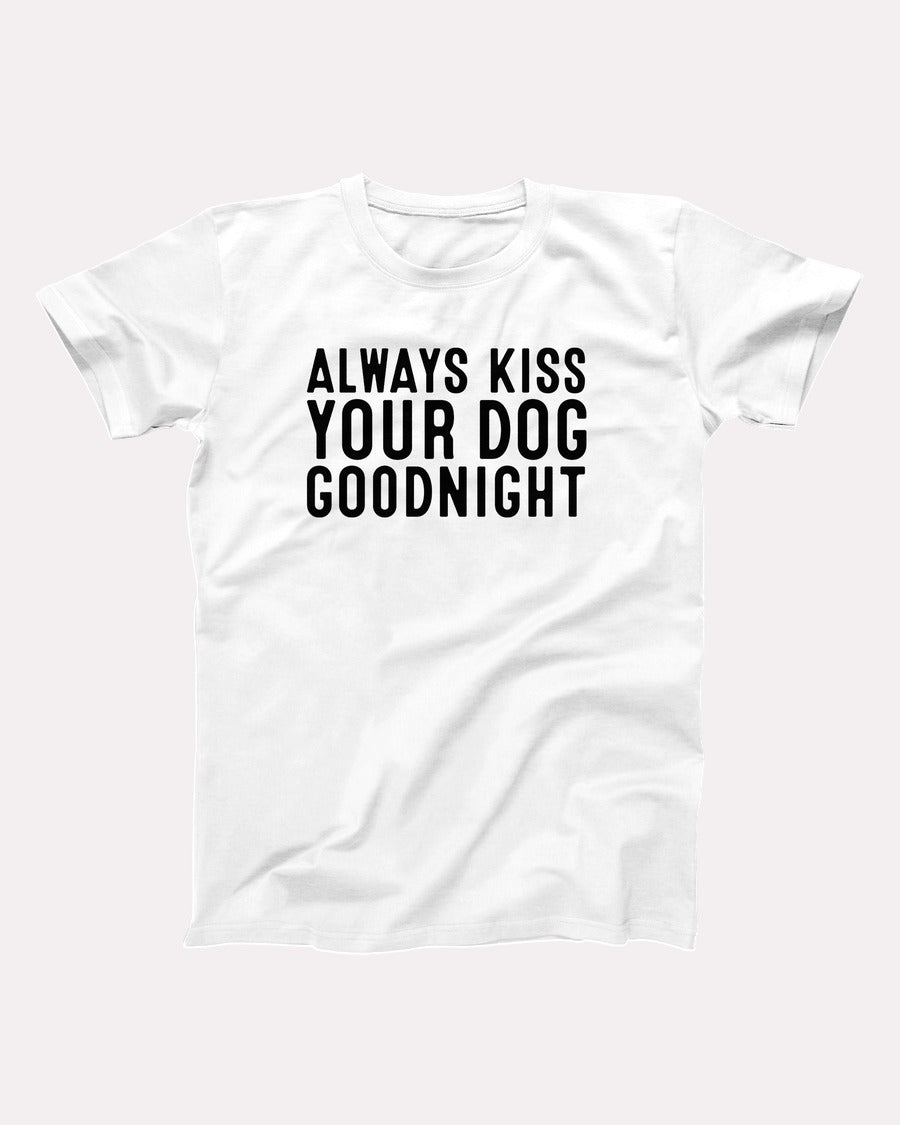 Kiss Your Dog Goodnight t-shirt in White, flat lay on grey