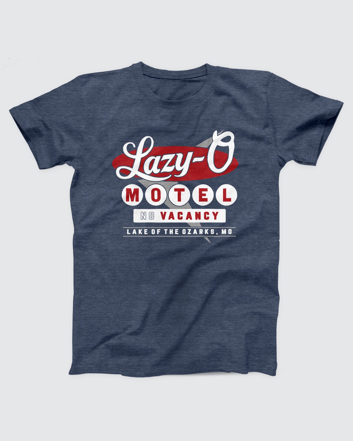 Lazy-O Motel T-Shirt, flat lay on grey