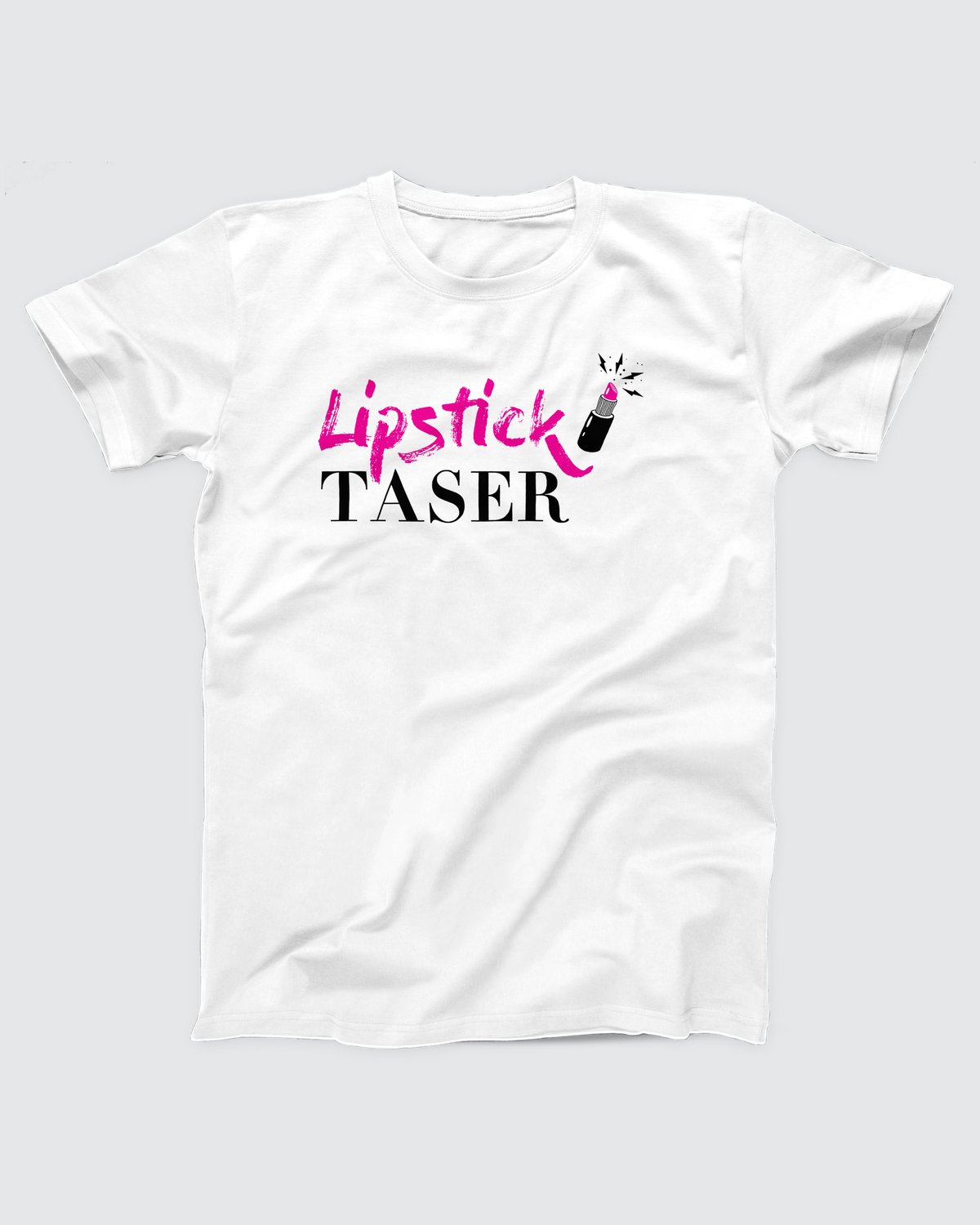 Lipstick Taser T-Shirt, flat lay on grey