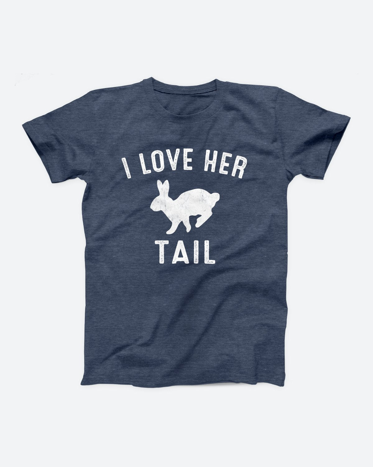 I Love Her Tail t-shirt in Heather Navy, flat lay on grey