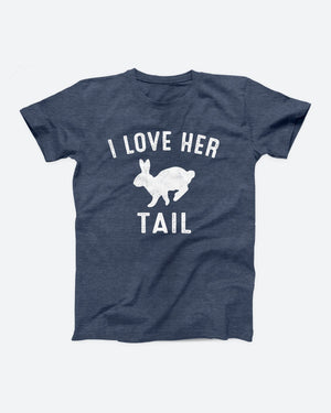 I Love Her Tail t-shirt in Heather Navy, flat lay on grey