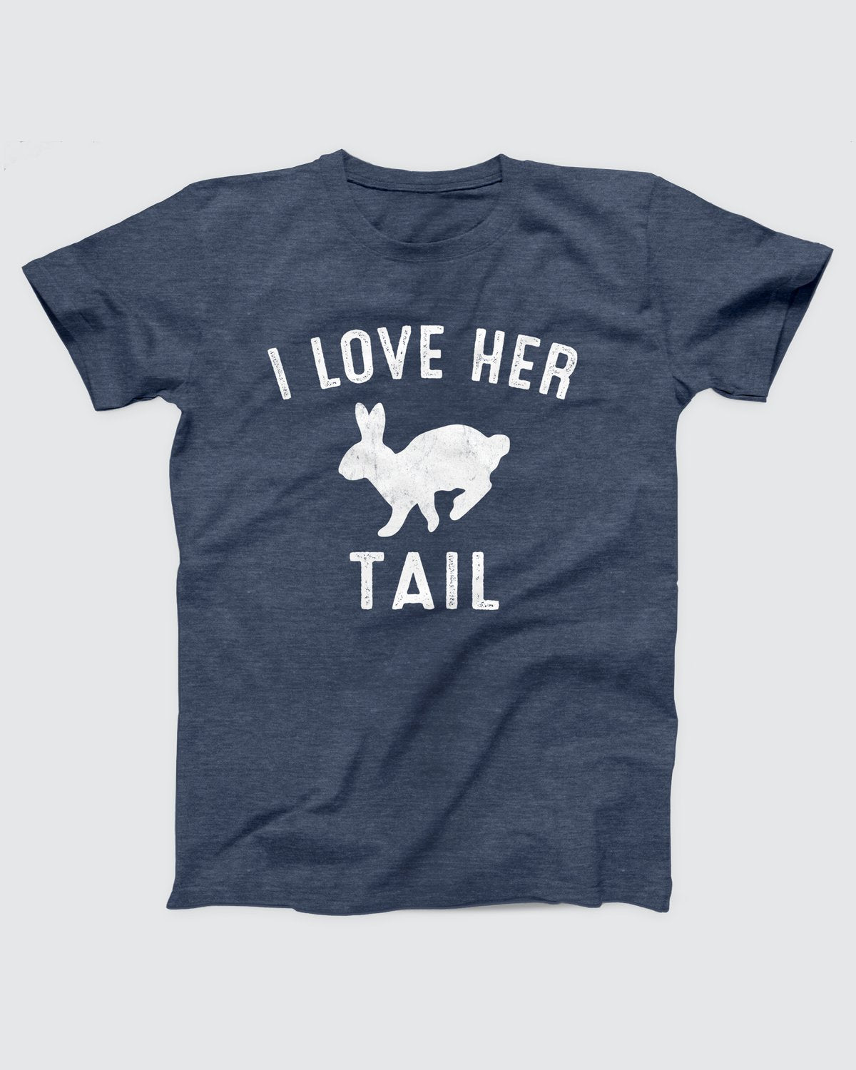 I Love Her Tail t-shirt in Heather Navy, flat lay on grey