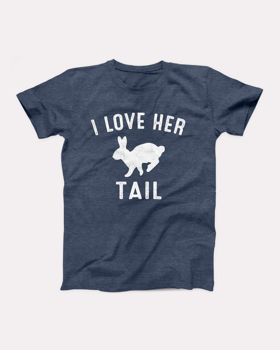 I Love Her Tail t-shirt in Heather Navy, flat lay on grey