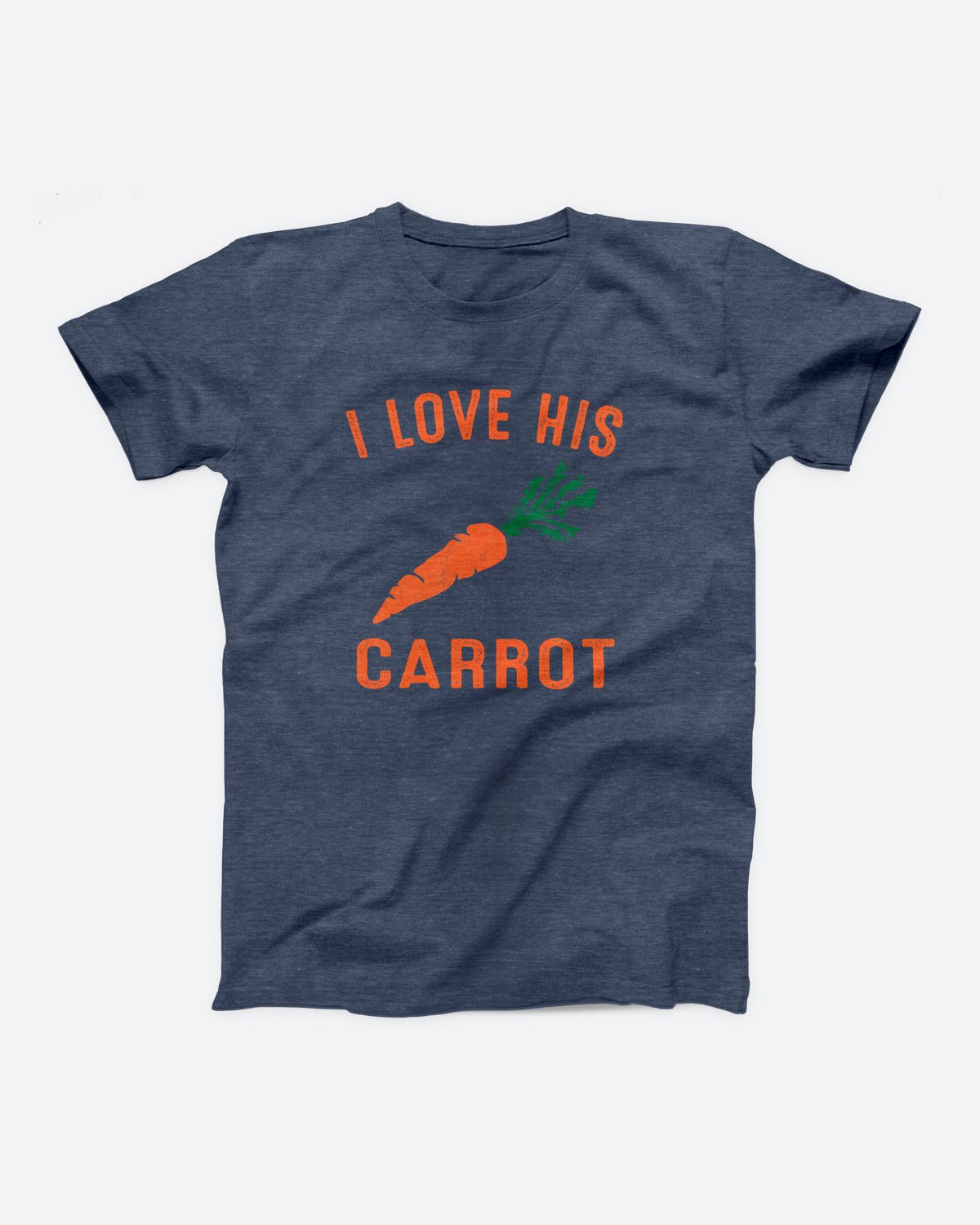 I Love His Carrot t-shirt in Heather Navy, flat lay on grey