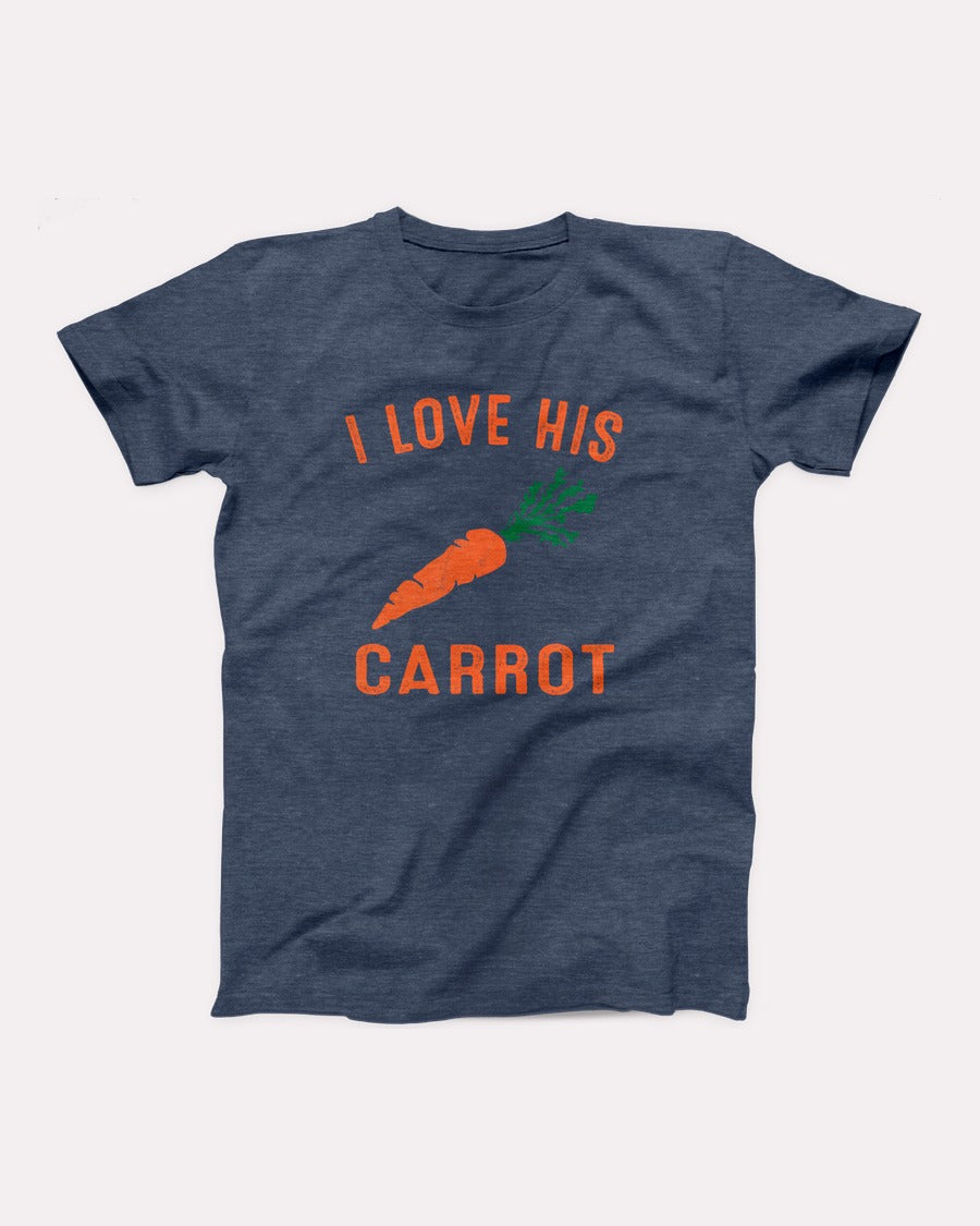 I Love His Carrot t-shirt in Heather Navy, flat lay on grey