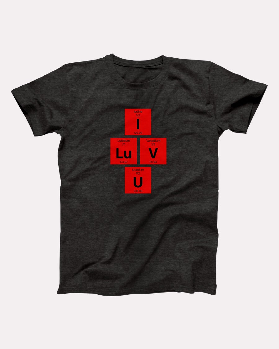 Love Periodically t-shirt in Dark Grey Heather, flat lay on grey