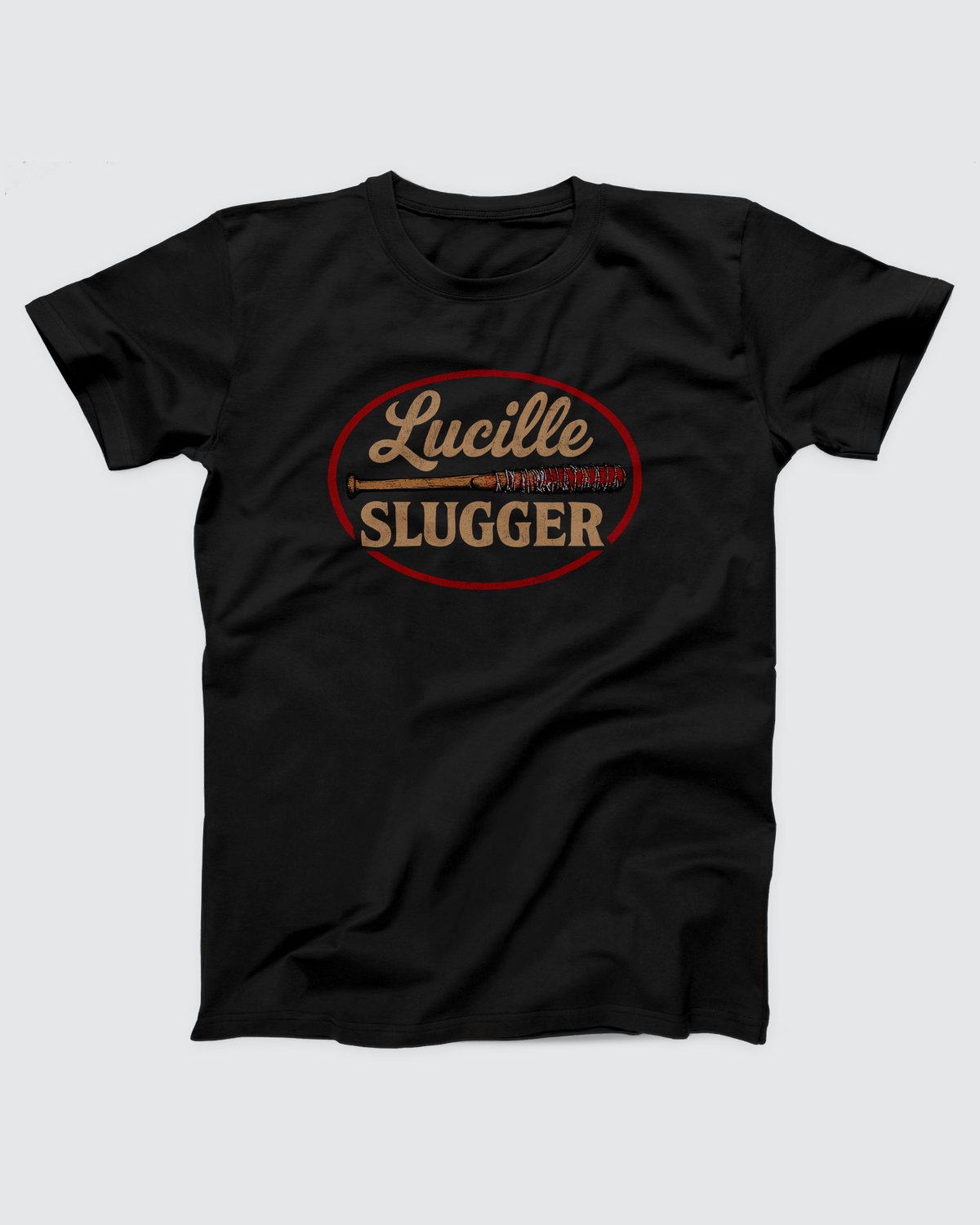 Lucille Slugger T-Shirt, flat lay on grey