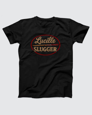 Lucille Slugger T-Shirt, flat lay on grey