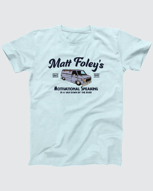 Matt Foley's Motivational Speaking T-Shirt, flat lay on grey