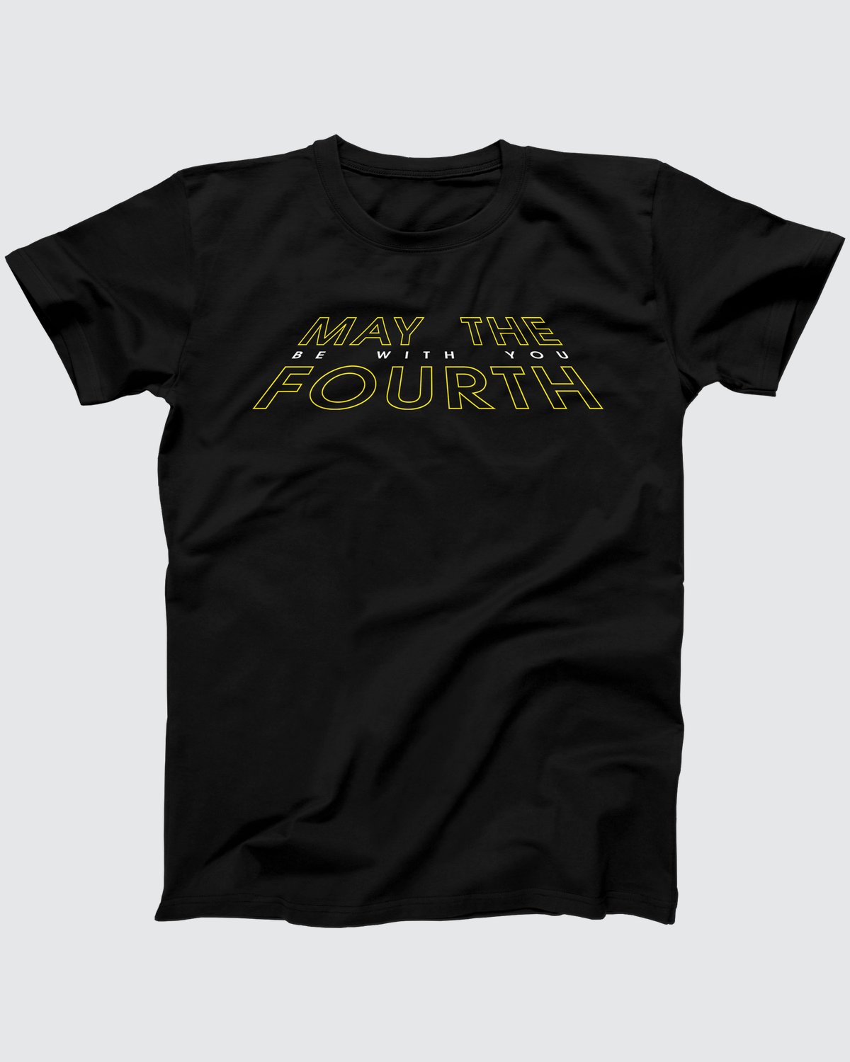 May the 4th Be With You t-shirt in Black, flat lay on grey