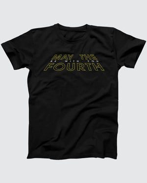 May the 4th Be With You t-shirt in Black, flat lay on grey