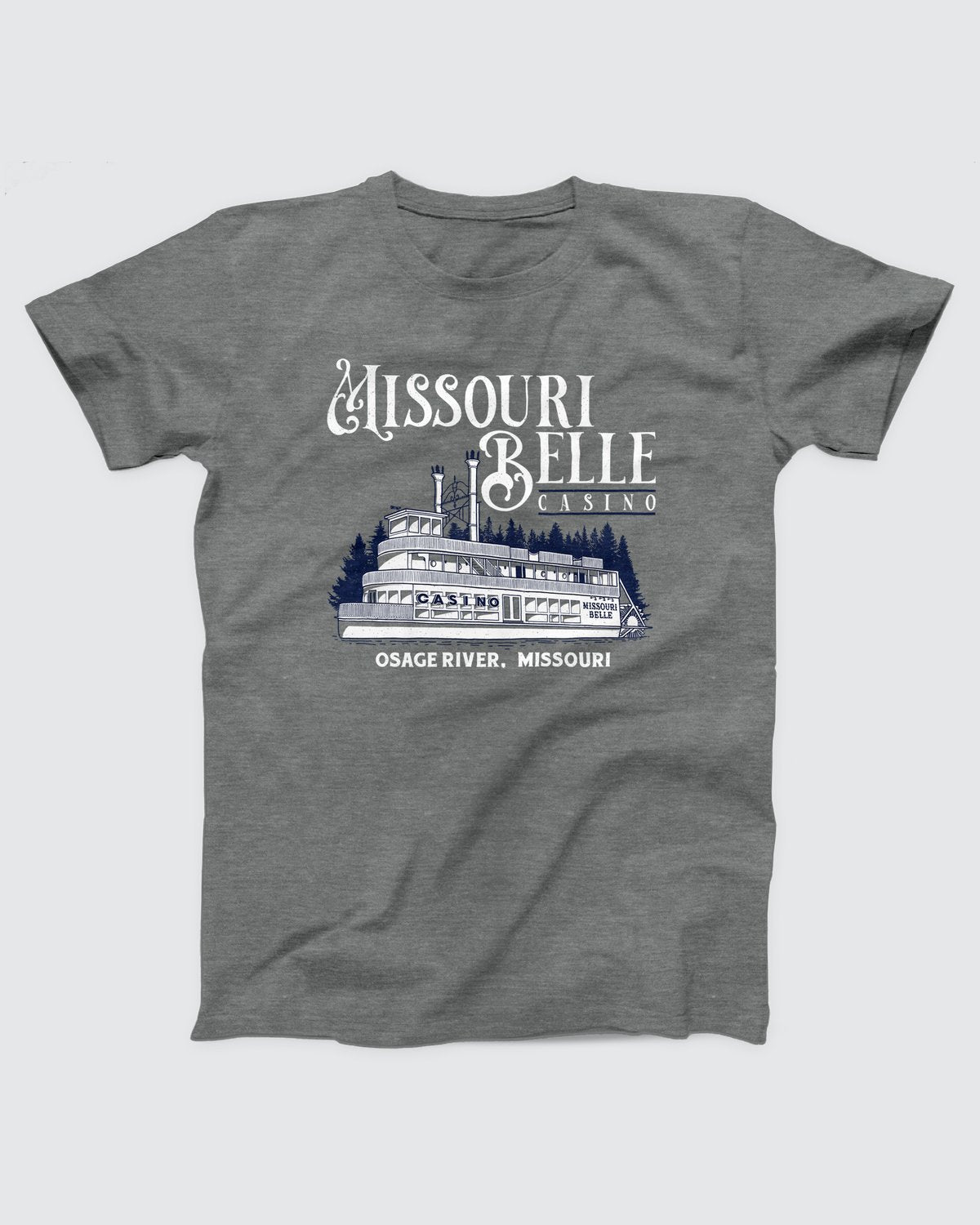 Missouri Belle Casino T-Shirt, flat lay on grey