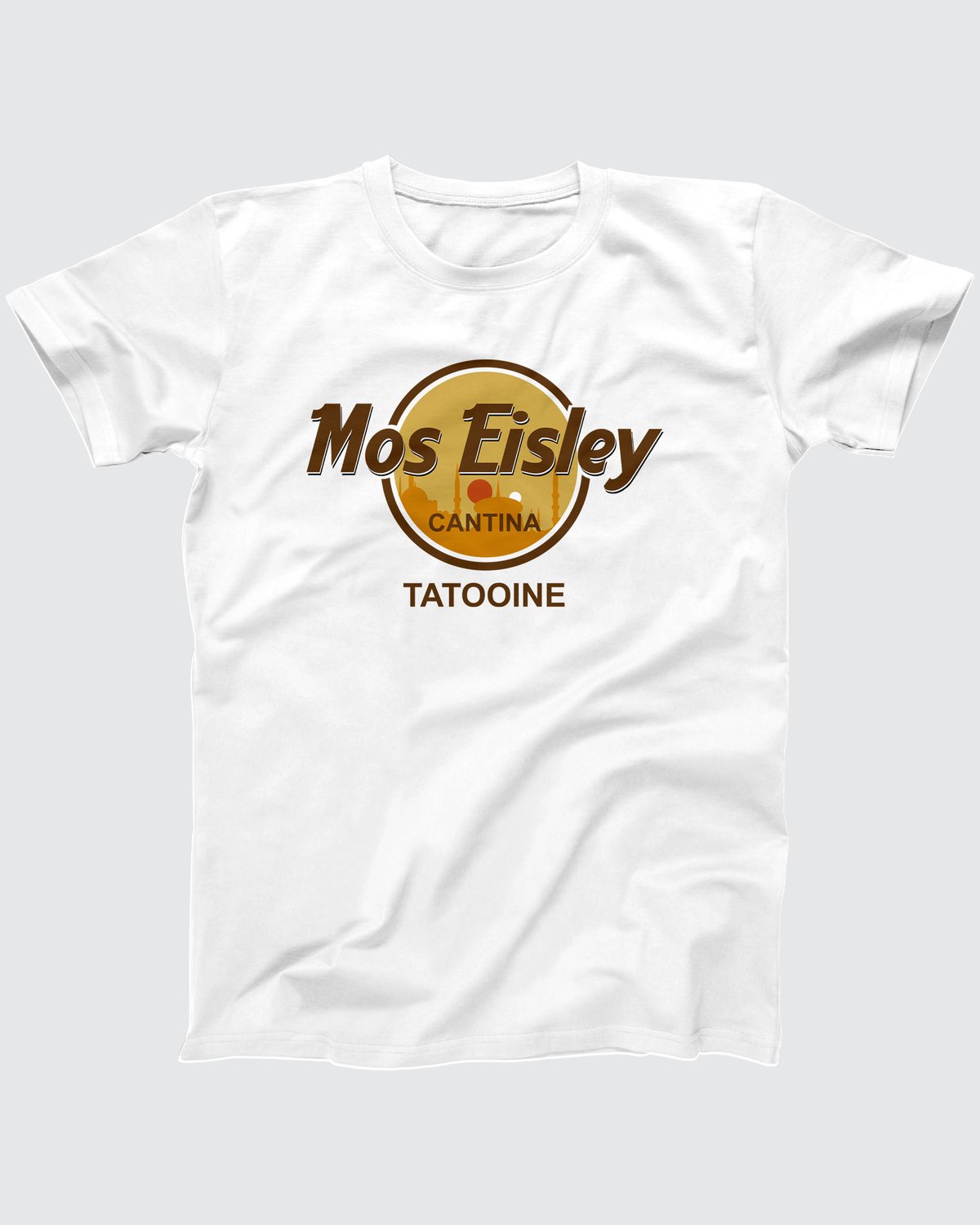 Mos Eisley Cantina t-shirt in White, flat lay on grey