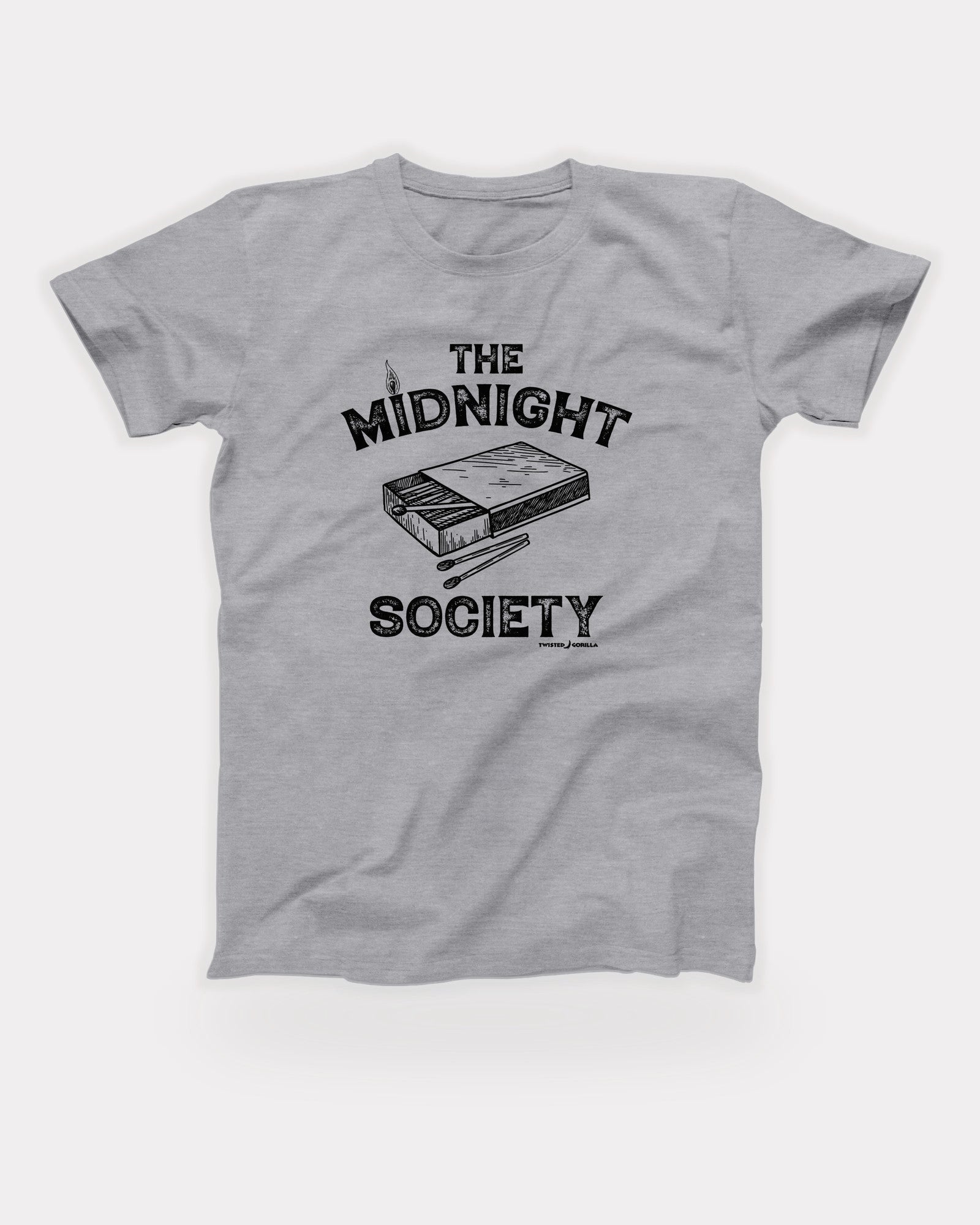 The Midnight Society T-Shirt in Athletic Heather, flat lay on grey