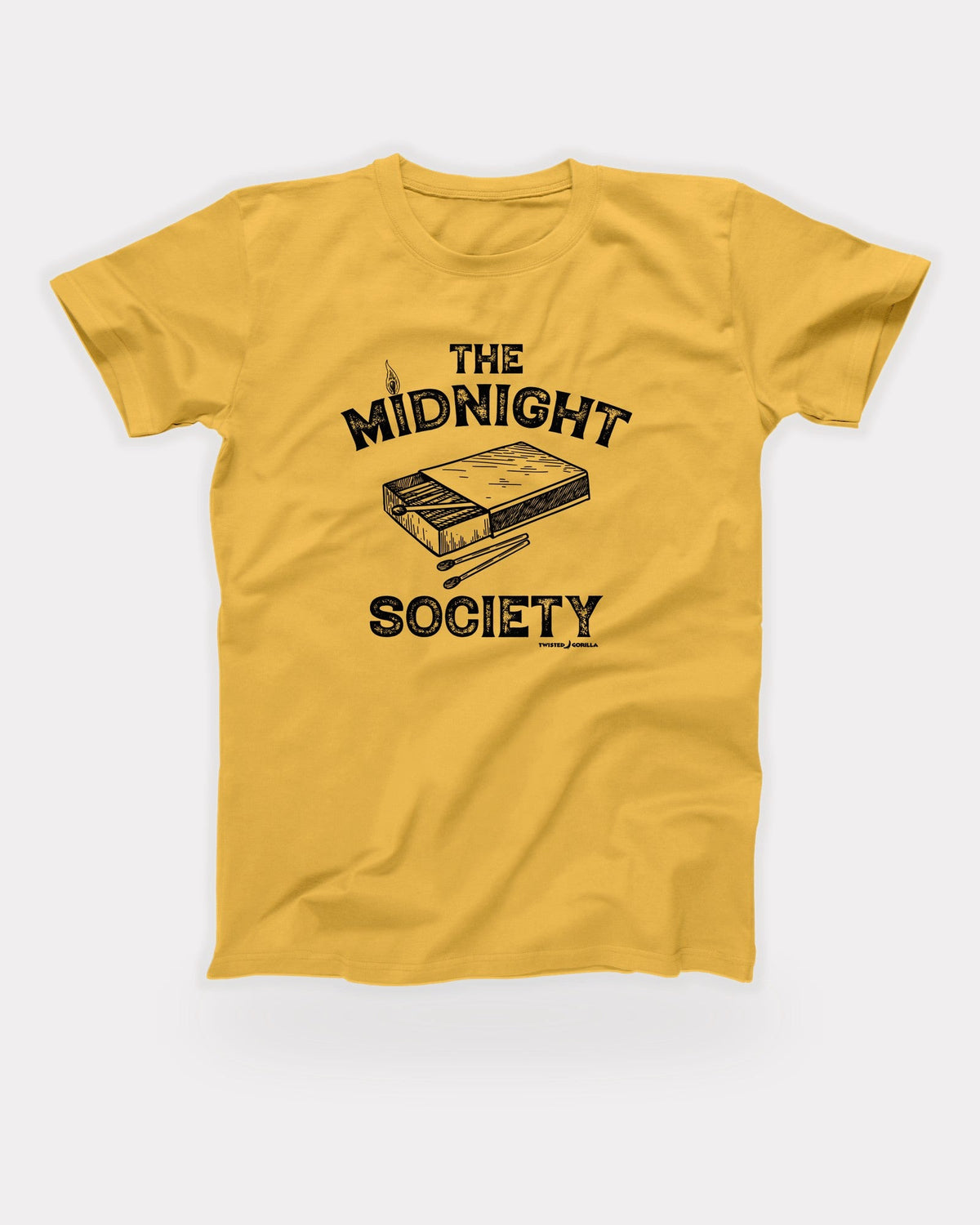 The Midnight Society T-Shirt in Maize Yellow, flat lay on grey