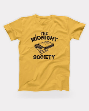 The Midnight Society T-Shirt in Maize Yellow, flat lay on grey