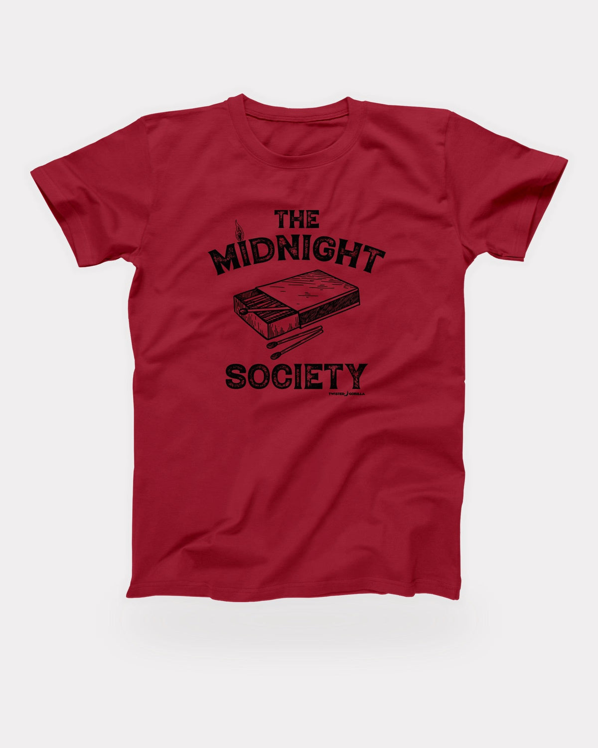 The Midnight Society T-Shirt in Red, flat lay on grey