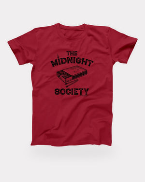 The Midnight Society T-Shirt in Red, flat lay on grey
