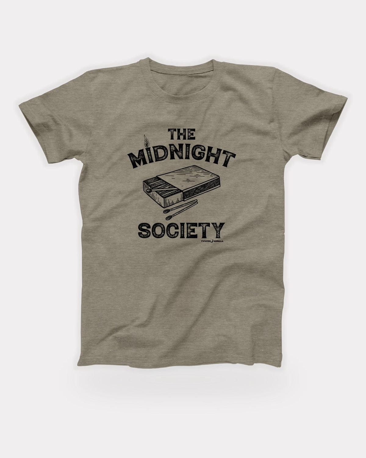 The Midnight Society T-Shirt in Heather Stone, flat lay on grey