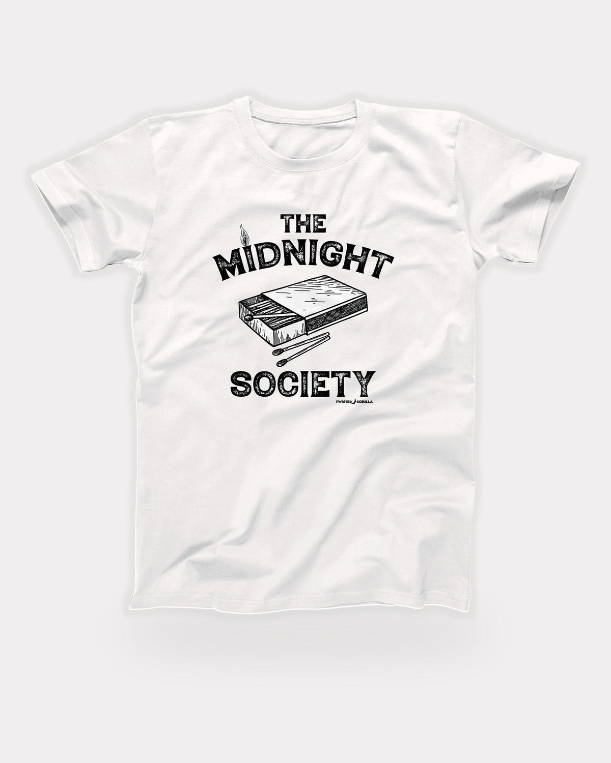 The Midnight Society T-Shirt in White, flat lay on grey