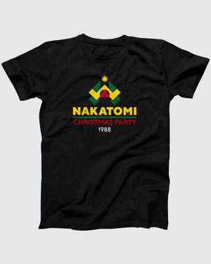 Nakatomi Christmas Party T-Shirt, flat lay on grey