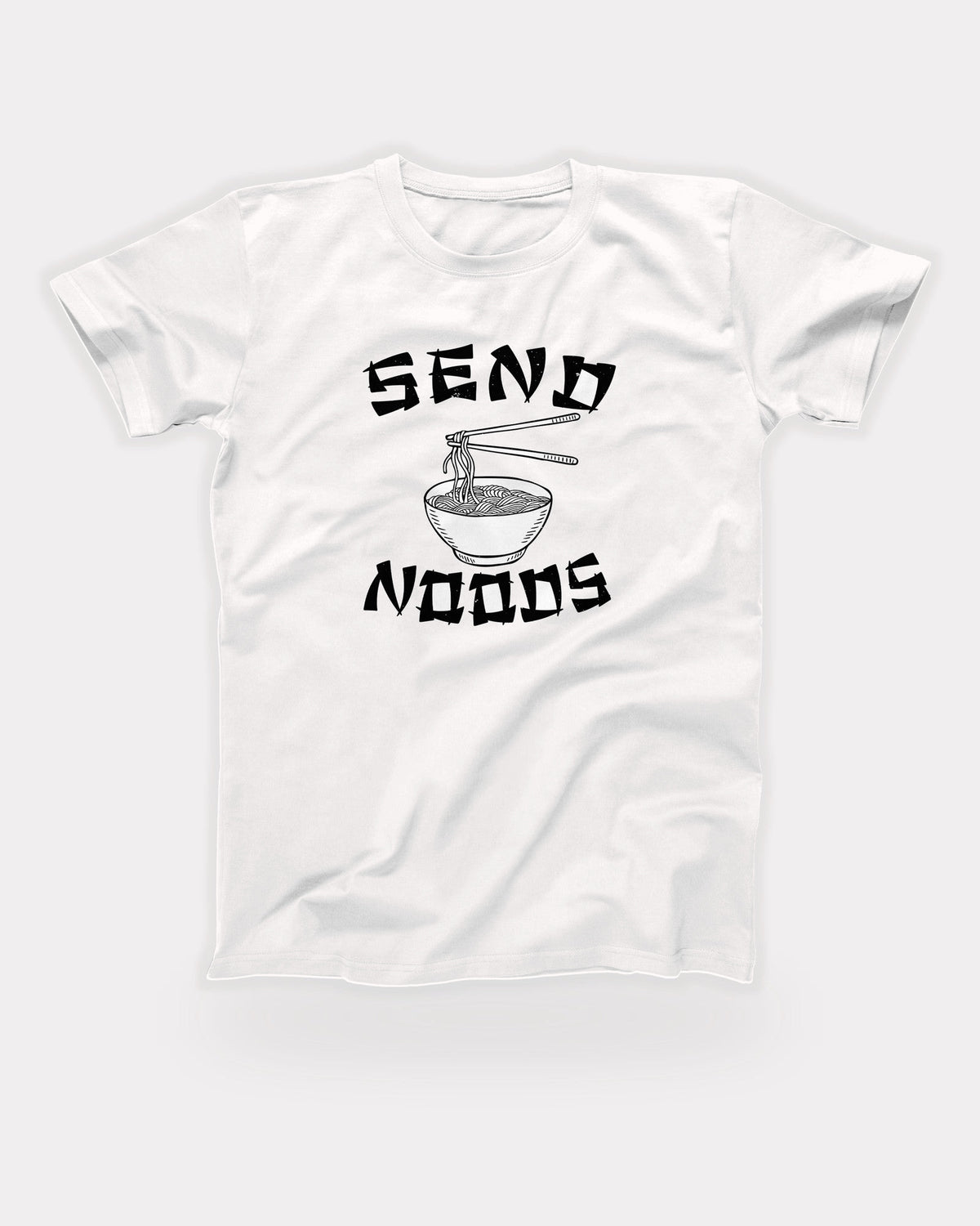Send Noods T-Shirt in White, flat lay on grey