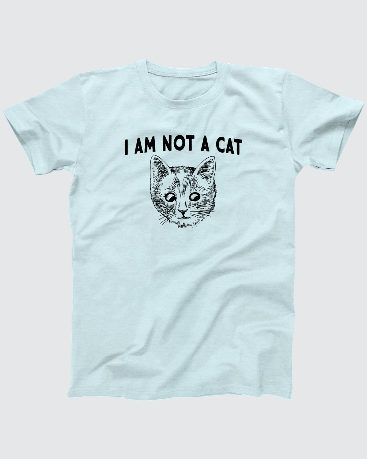 I Am Not A Cat t-shirt in Heather Ice Blue, flat lay on grey
