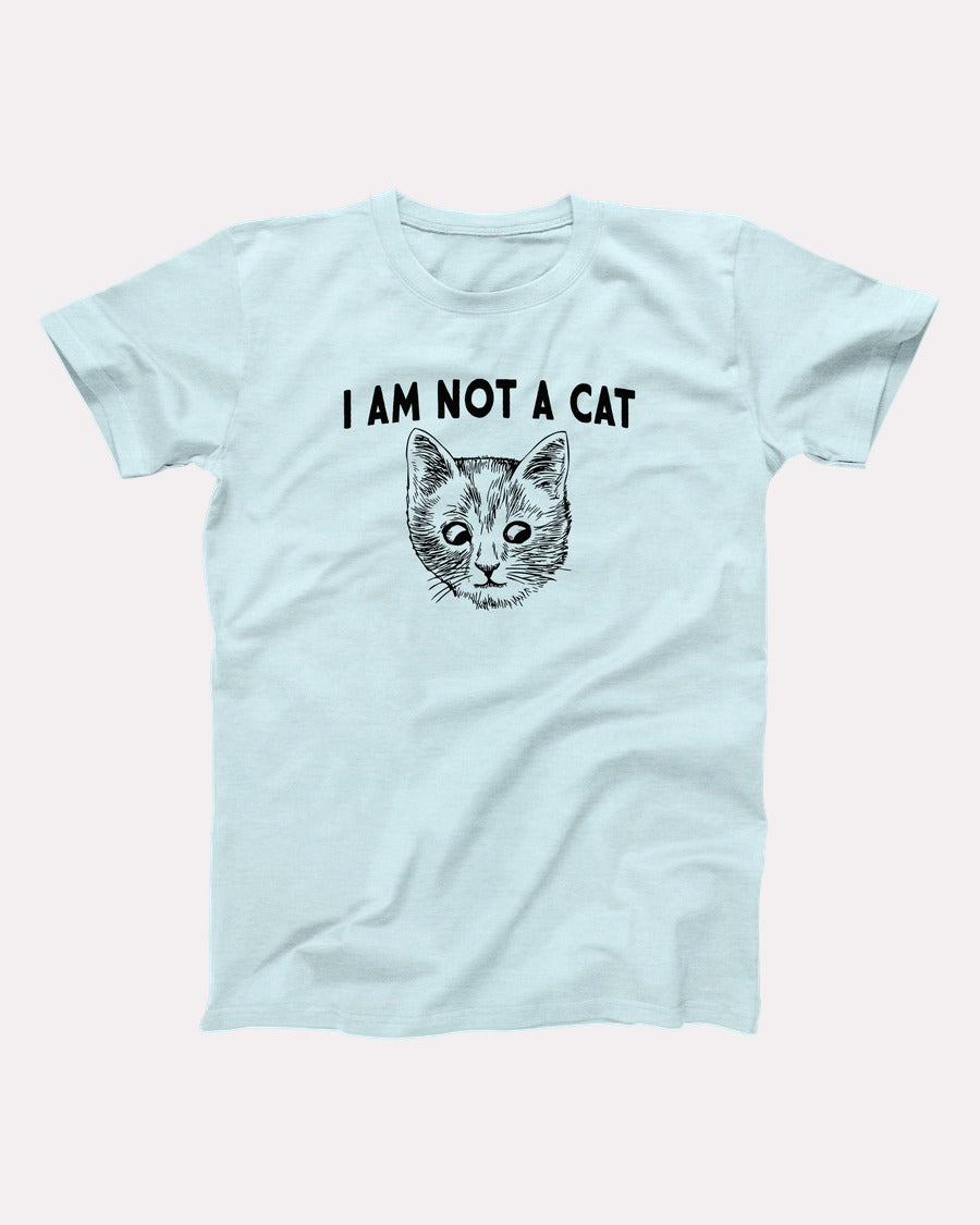 I Am Not A Cat t-shirt in Heather Ice Blue, flat lay on grey