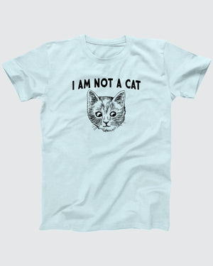 I Am Not A Cat t-shirt in Heather Ice Blue, flat lay on grey