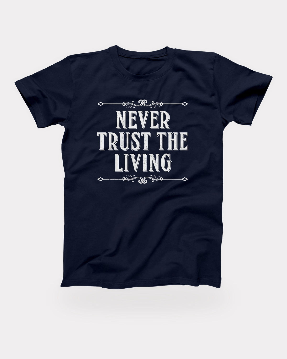 Never Trust the Living T-Shirt in Navy, flat lay on grey