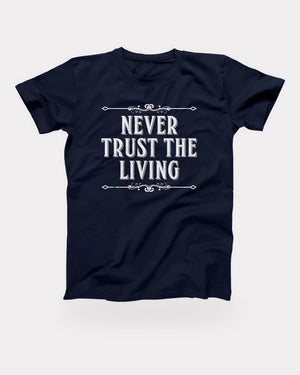 Never Trust the Living T-Shirt in Navy, flat lay on grey