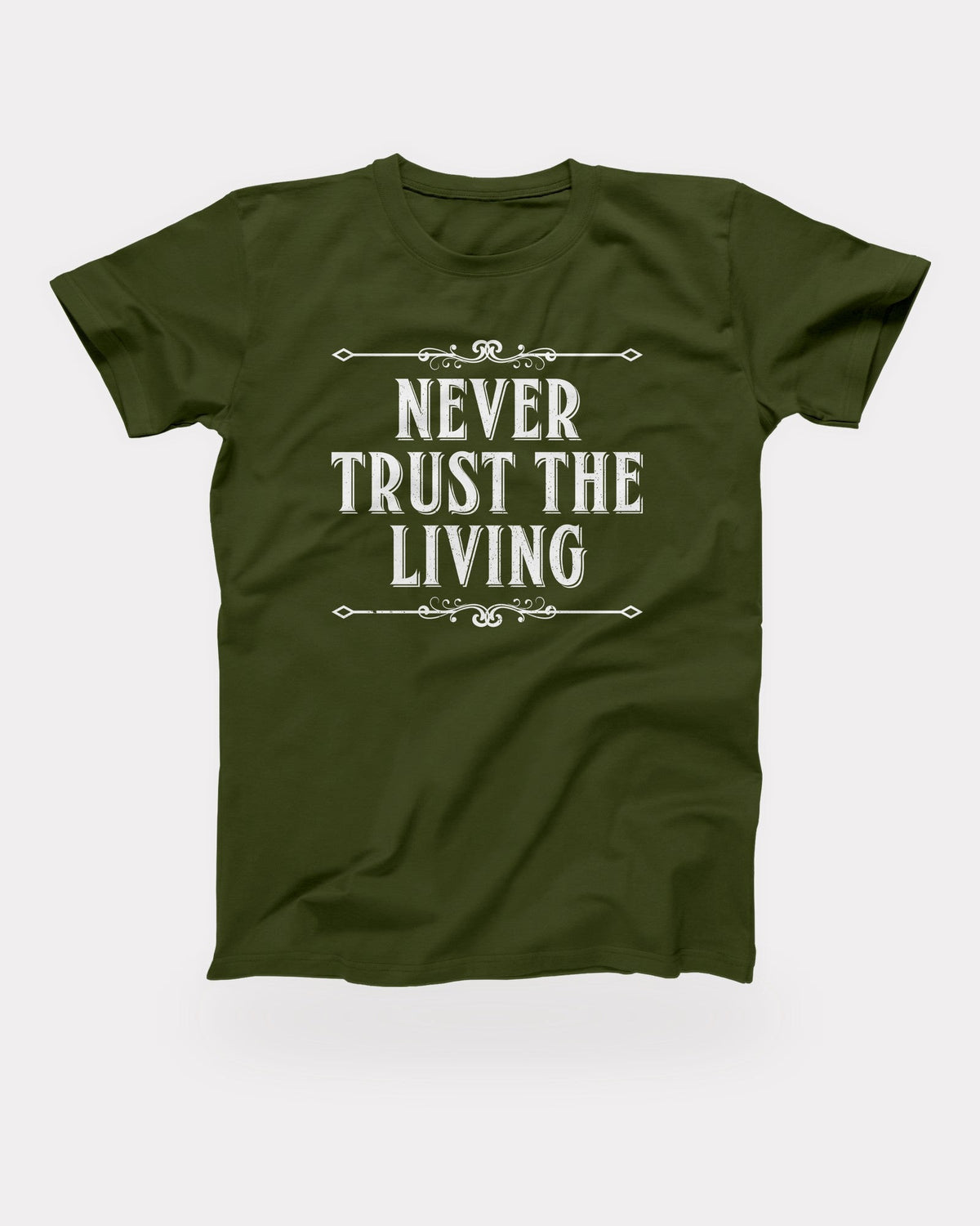 Never Trust the Living T-Shirt in Olive, flat lay on grey