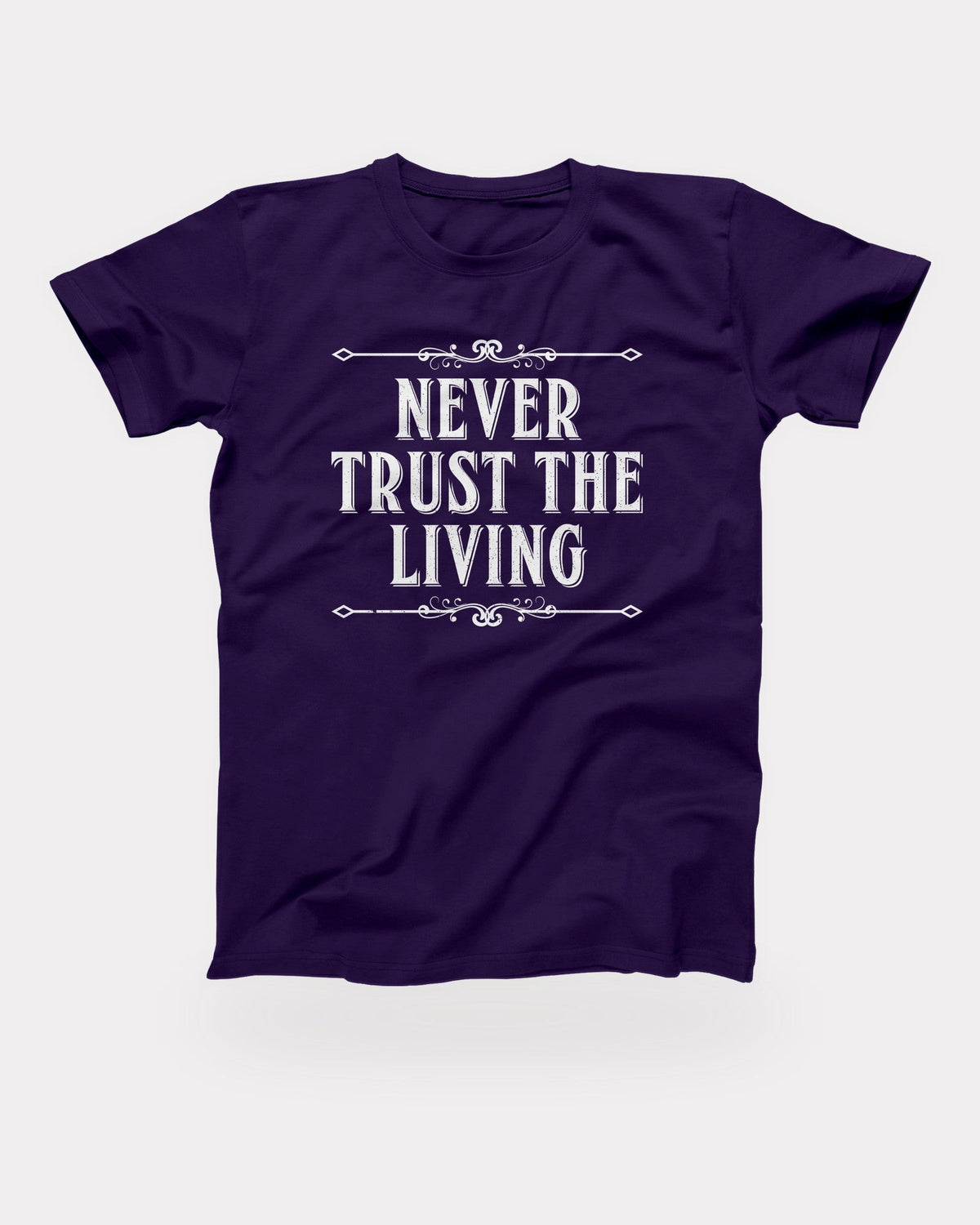 Never Trust the Living T-Shirt in Team Purple, flat lay on grey