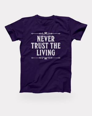 Never Trust the Living T-Shirt in Team Purple, flat lay on grey