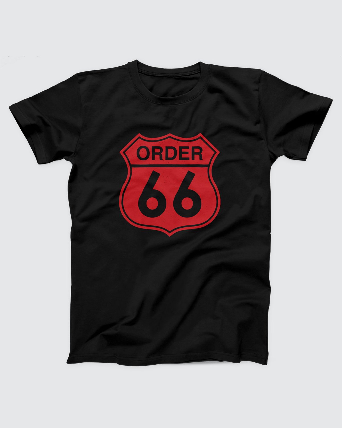 Order 66 t-shirt in Black, flat lay on grey