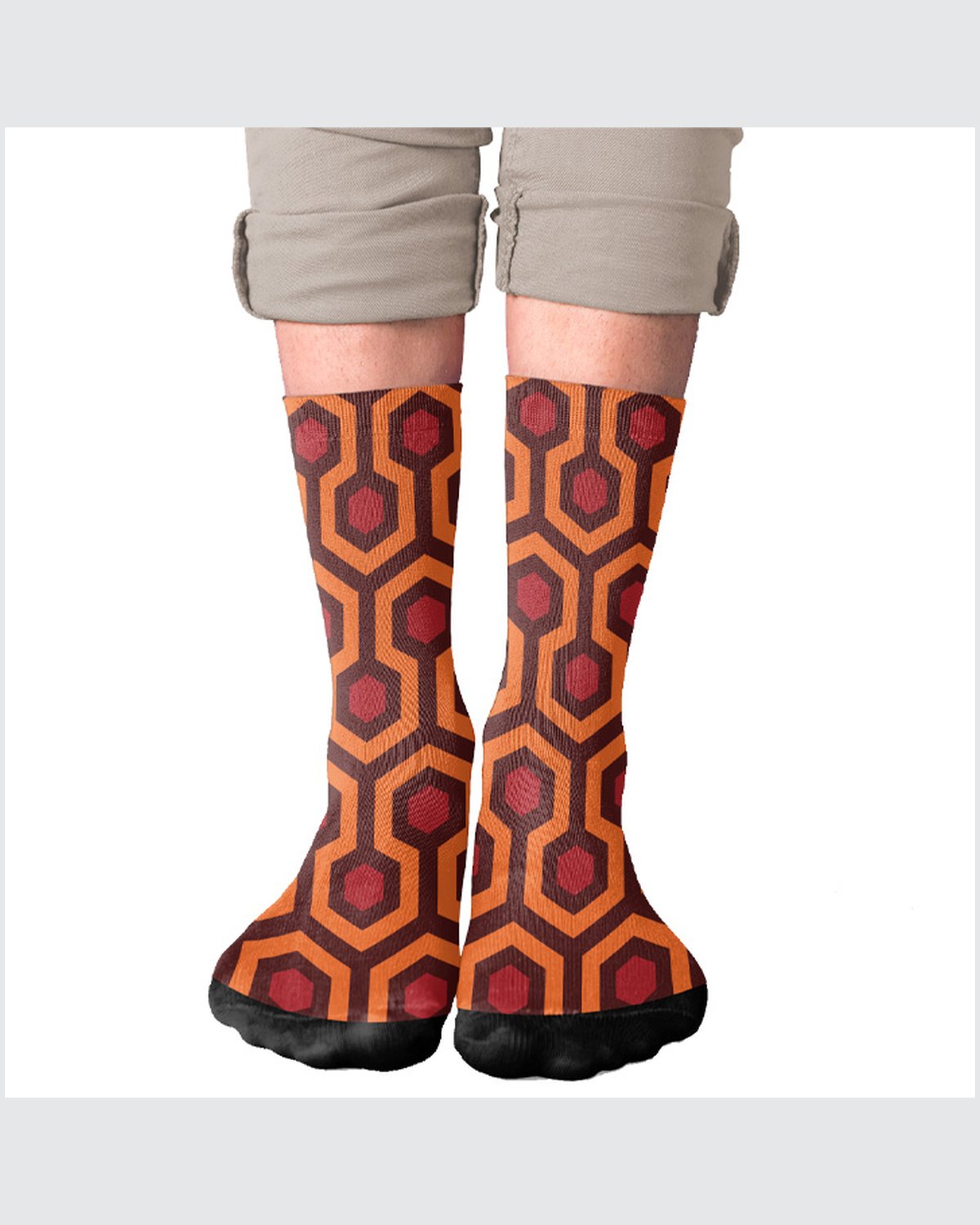The Overlook Hotel Carpet Adult Crew Socks, flat lay on grey