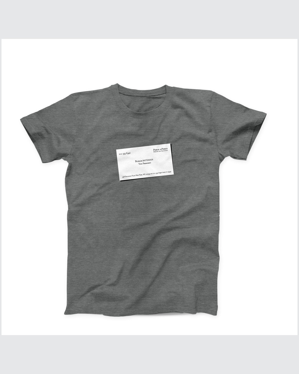 Patrick Bateman Business Card T-Shirt, flat lay on grey