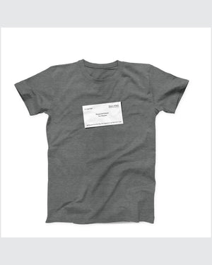 Patrick Bateman Business Card T-Shirt, flat lay on grey